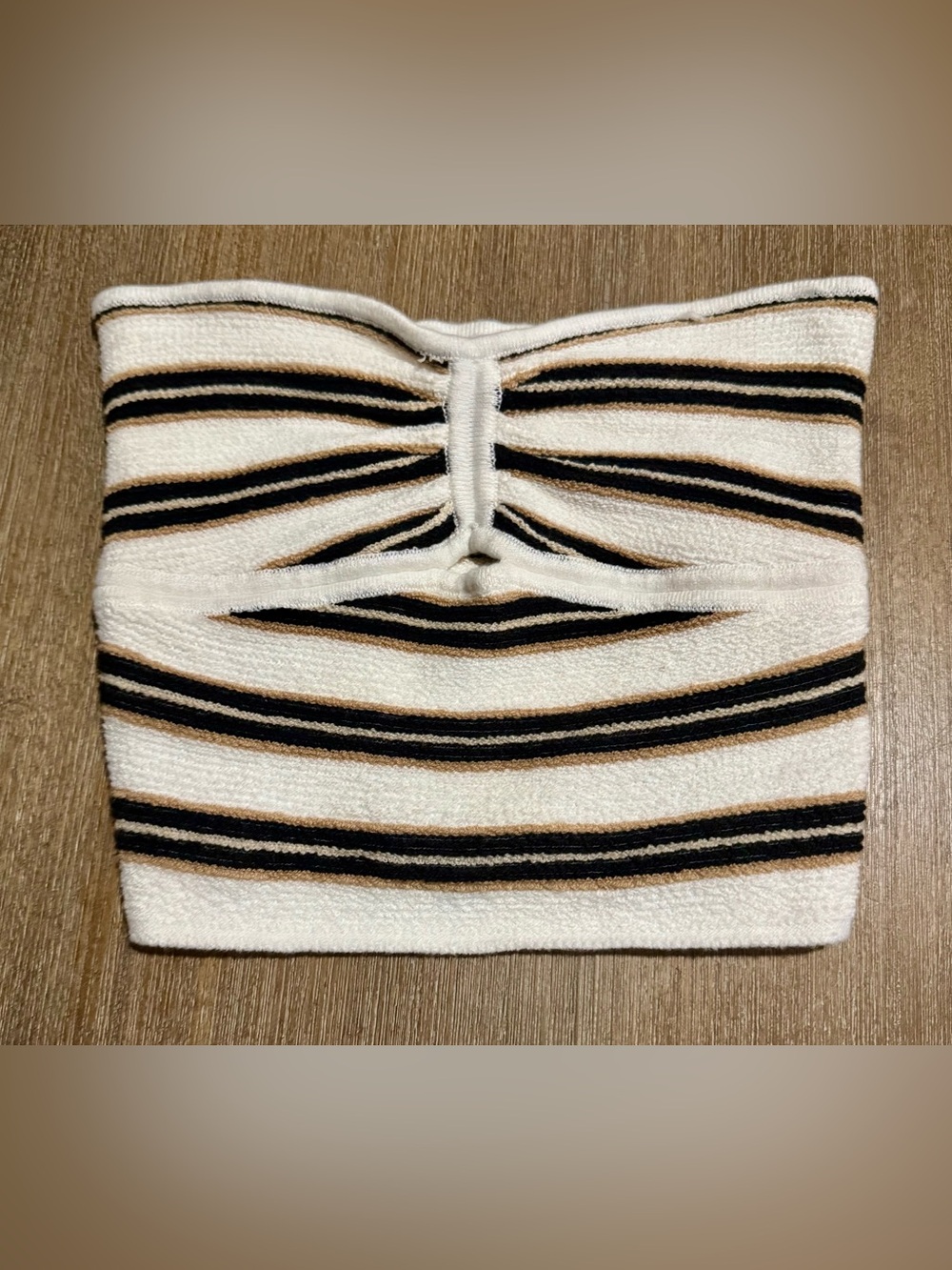 American Eagle Off-White Striped Strapless Tube Top with Black & Tan Stripes